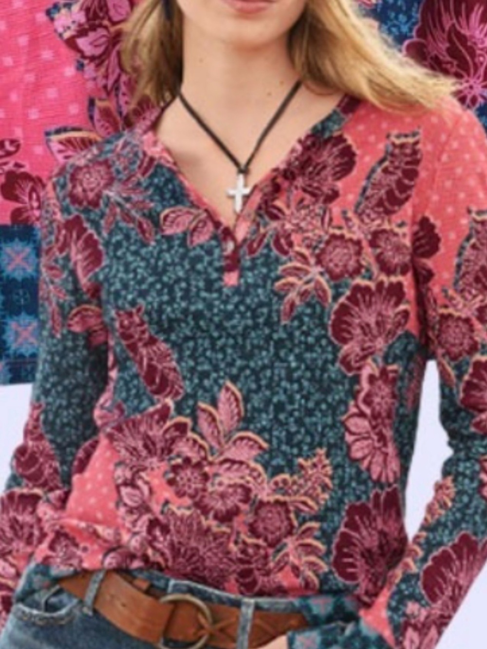 Pink & Navy Thermal Weave Floral Henley Long-Sleeve Top by Sundance  size XL